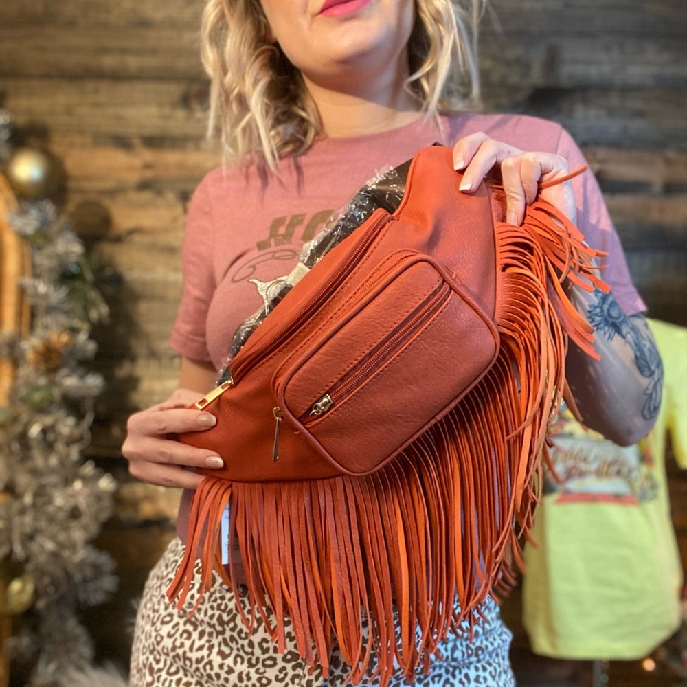Orange fringe Fanny pack with adjustable strap and pockets